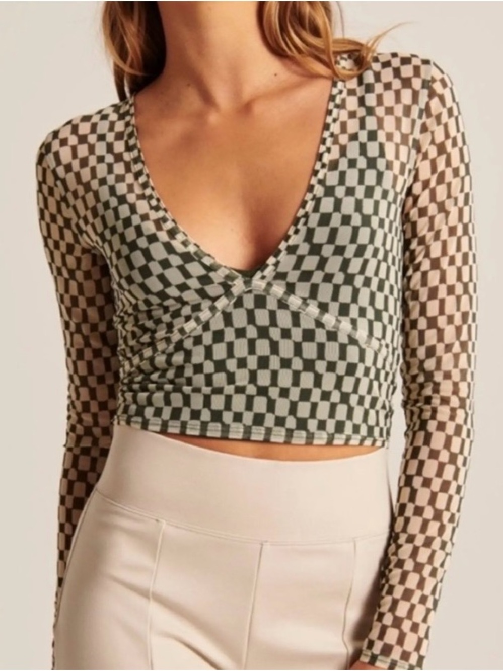 Abercrombie & Fitch Checkered Mesh Long-Sleeve Crop Top
